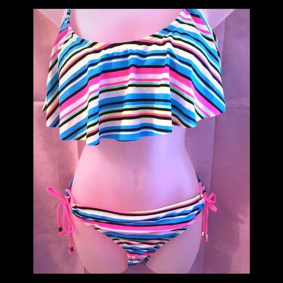 Bongo Flutter Cage Mesh Striped Bikini Set NEW $56 - Picture 2 of 8